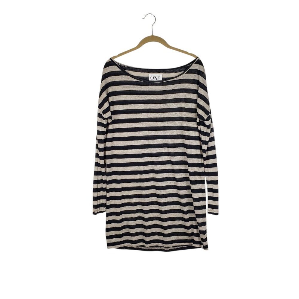 One Teaspoon Charmer Linen Dress Long Sleeve Black Tan Stripe Size Medium